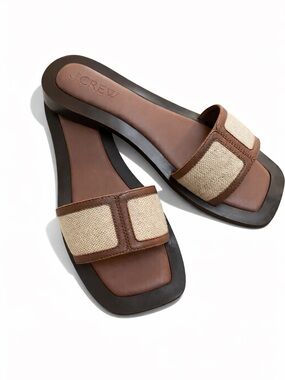 J. Crew Brown Leather & Natural Canvas Slide Sandals
